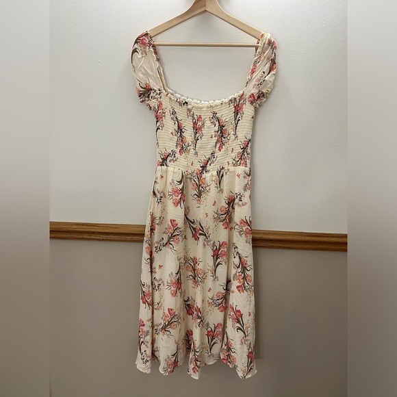 EUC REFORMATION Leila Ivory Pink Floral Smocked Bodice Slit Midi Dress - Picture 6 of 12